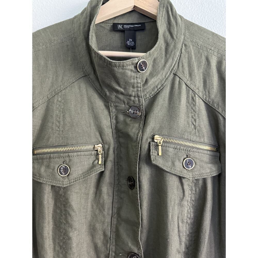 INC Utility Jacket Women's 2XL Olive Green Linen Lightweight Cargo Military Chic - Picture 9 of 14